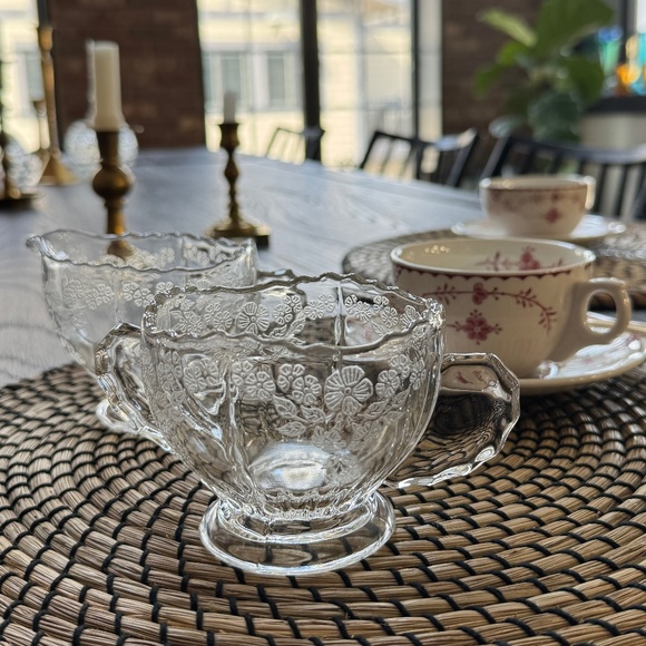 Vtg New Martinsville Depression Glass Sugar & Creamer Radiance Flower Basket Des - Picture 16 of 16